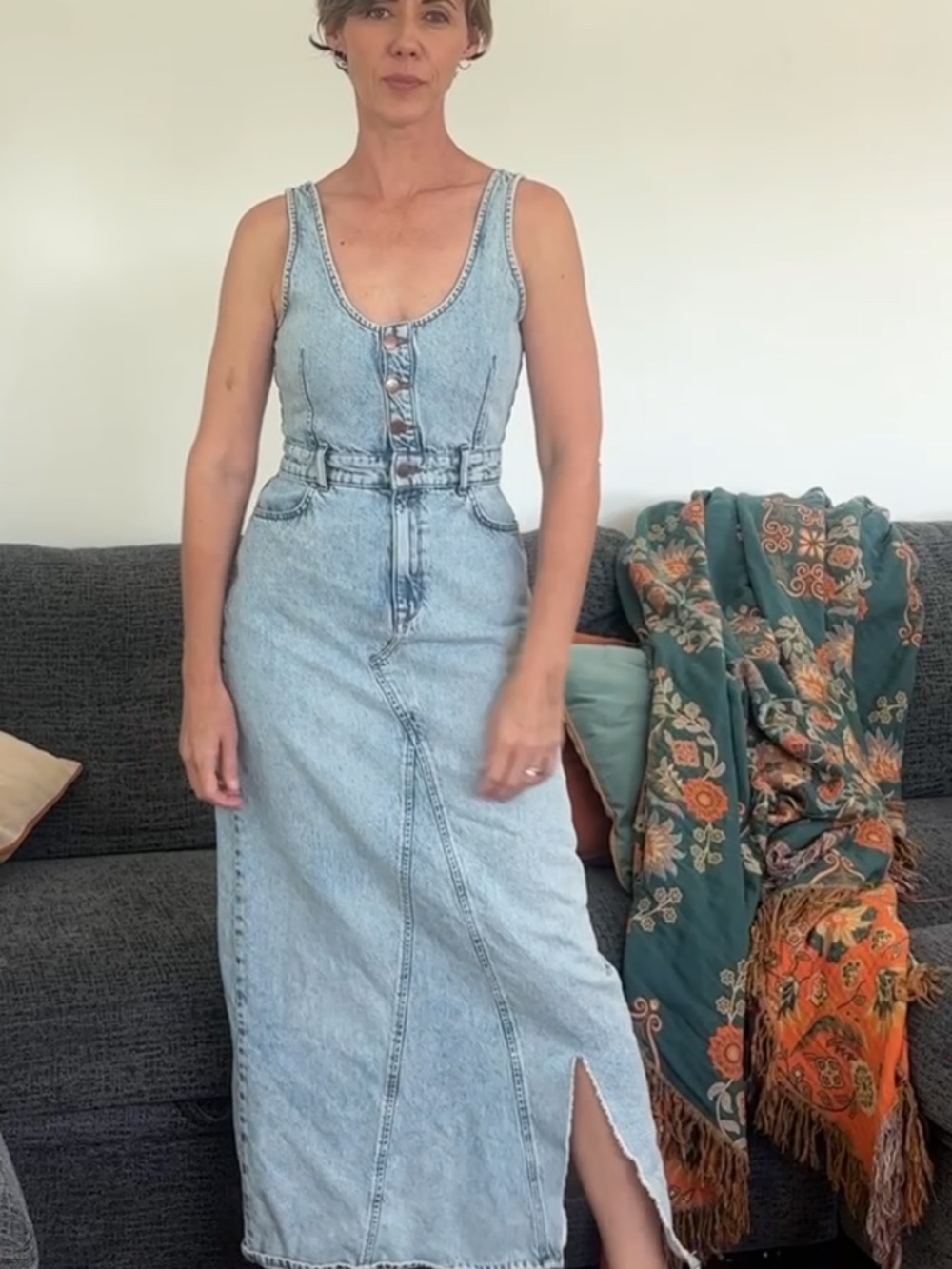 Triarchy Light Wash Denim Maxi Dress Button Front Side Slit Women’s Small
